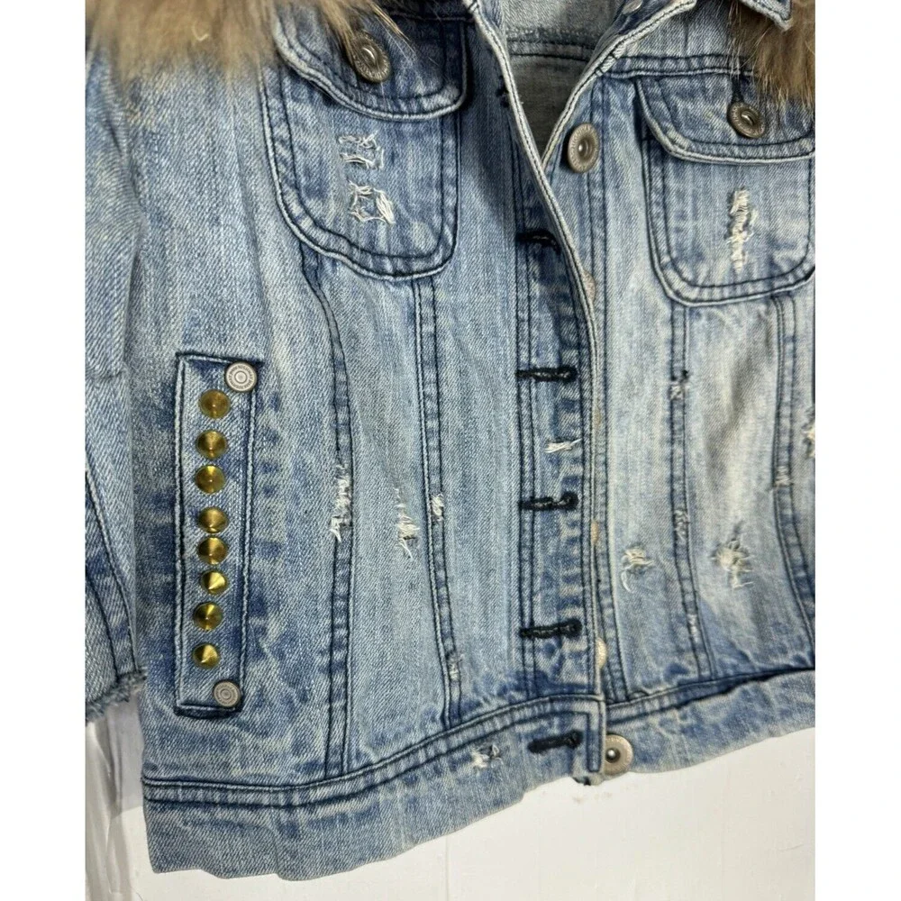 Custom Fox‎ Fur Denim Spiked Jacket Jeans Rock Metal Punk Luxury Glam Large - Picture 4 of 7